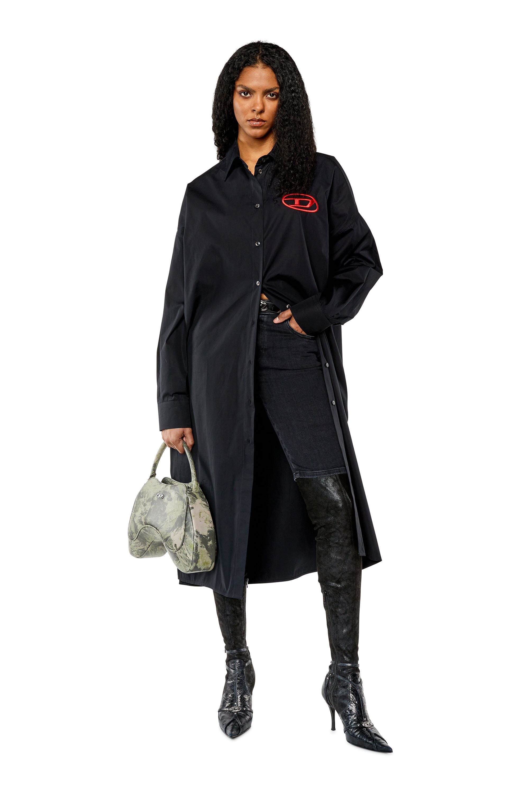 Diesel - D-LUN, Woman's Shirt dress with maxi oval D embroidery in Black - 1