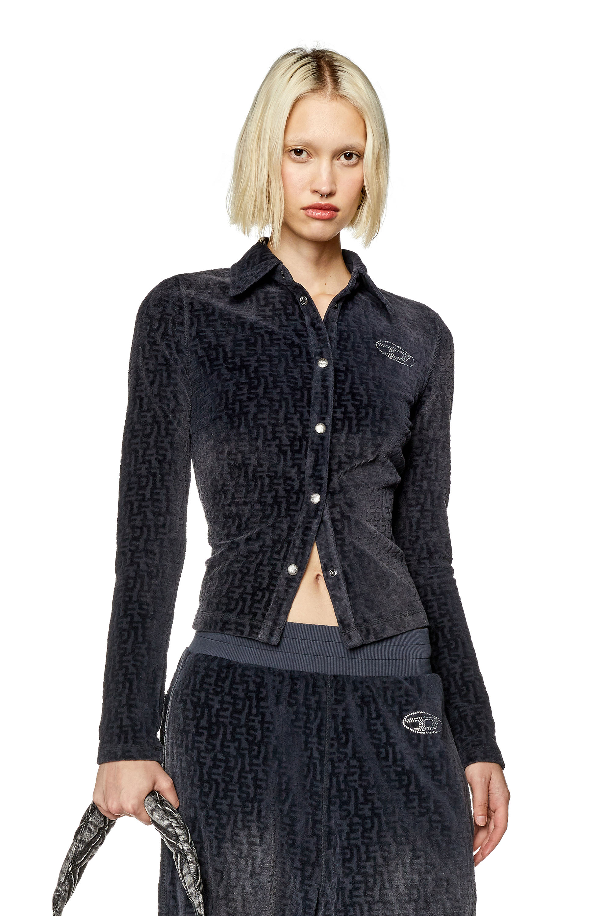 Diesel - T-AMUSE, Woman's Slim shirt in monogram chenille in Black - 1